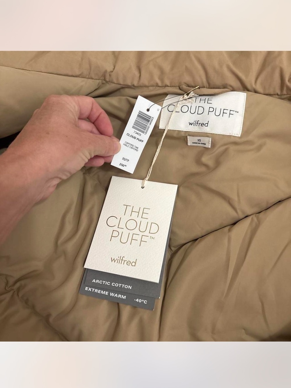 NWT Aritzia Wilfred Oxford Tan Cloud Puff Puffer Jacket size X-Small 700+ fill - Picture 4 of 4